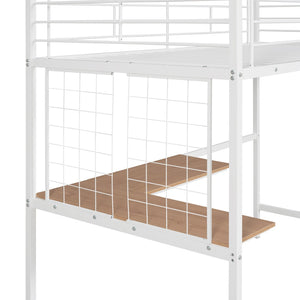 HomeRoots White Slat Metal Twin Loft Bed with Integrated Desk - Space-Saving Design for Small Bedrooms & Studios 606554