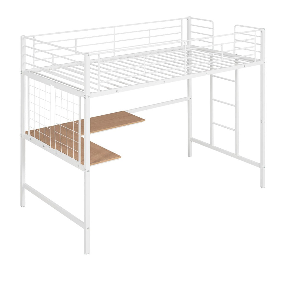 HomeRoots White Slat Metal Twin Loft Bed with Integrated Desk - Space-Saving Design for Small Bedrooms & Studios 606554