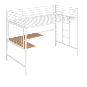 HomeRoots White Slat Metal Twin Loft Bed with Integrated Desk - Space-Saving Design for Small Bedrooms & Studios 606554