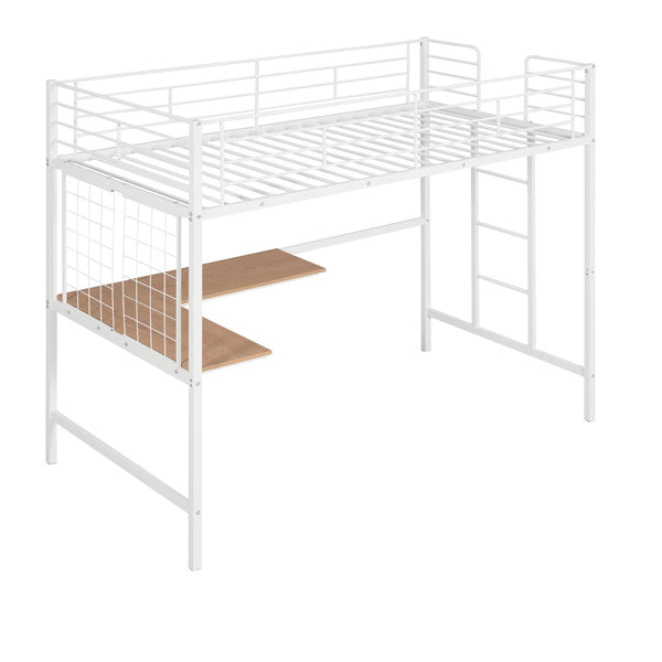 HomeRoots White Slat Metal Twin Loft Bed with Integrated Desk - Space-Saving Design for Small Bedrooms & Studios 606554