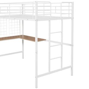 HomeRoots White Slat Metal Twin Loft Bed with Integrated Desk - Space-Saving Design for Small Bedrooms & Studios 606554