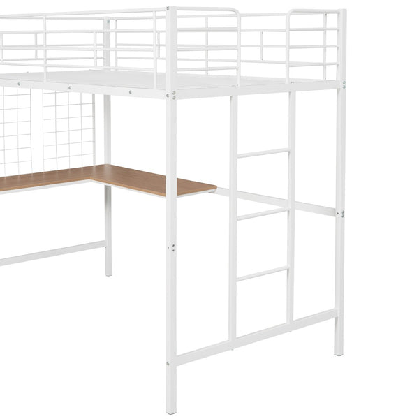HomeRoots White Slat Metal Twin Loft Bed with Integrated Desk - Space-Saving Design for Small Bedrooms & Studios 606554