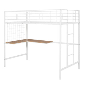 HomeRoots White Slat Metal Twin Loft Bed with Integrated Desk - Space-Saving Design for Small Bedrooms & Studios 606554