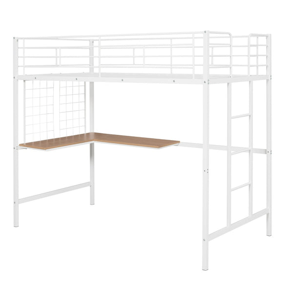 HomeRoots White Slat Metal Twin Loft Bed with Integrated Desk - Space-Saving Design for Small Bedrooms & Studios 606554