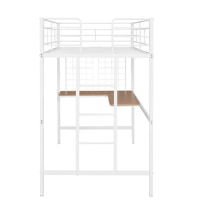 HomeRoots White Slat Metal Twin Loft Bed with Integrated Desk - Space-Saving Design for Small Bedrooms & Studios 606554