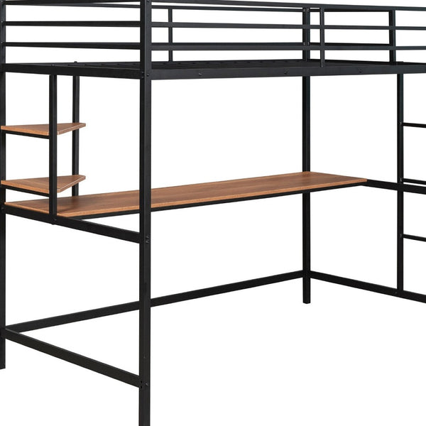 HomeRoots Black Twin Loft Bed with Integrated Desk & Shelves - Space-Saving Metal Design for Stylish Living 606555