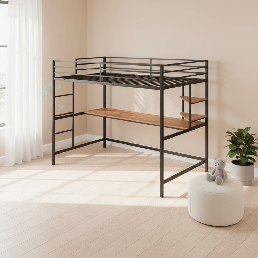 HomeRoots Black Twin Loft Bed with Integrated Desk & Shelves - Space-Saving Metal Design for Stylish Living 606555