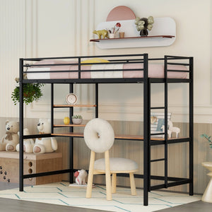 HomeRoots Black Twin Loft Bed with Integrated Desk & Shelves - Space-Saving Metal Design for Stylish Living 606555