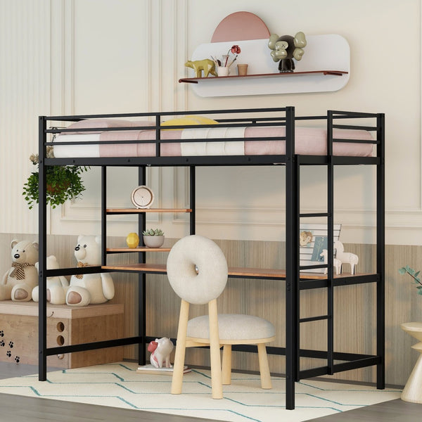 HomeRoots Black Twin Loft Bed with Integrated Desk & Shelves - Space-Saving Metal Design for Stylish Living 606555
