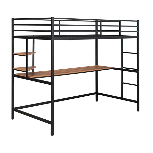 HomeRoots Black Twin Loft Bed with Integrated Desk & Shelves - Space-Saving Metal Design for Stylish Living 606555