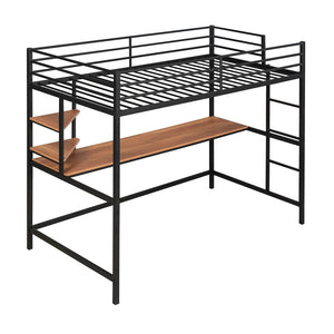 HomeRoots Black Twin Loft Bed with Integrated Desk & Shelves - Space-Saving Metal Design for Stylish Living 606555