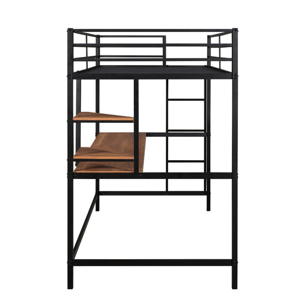 HomeRoots Black Twin Loft Bed with Integrated Desk & Shelves - Space-Saving Metal Design for Stylish Living 606555