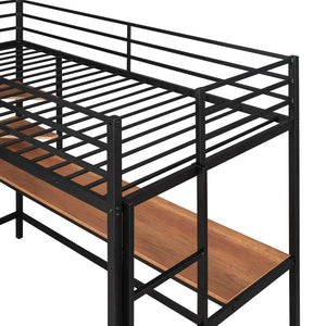 HomeRoots Black Twin Loft Bed with Integrated Desk & Shelves - Space-Saving Metal Design for Stylish Living 606555