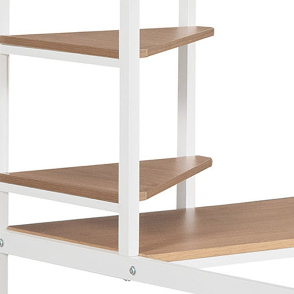 HomeRoots White Slat Metal Twin Loft Bed with Space-Saving Desk, Shelves, and LED Lighting - Modern Design 606556