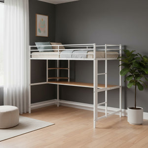 HomeRoots White Slat Metal Twin Loft Bed with Space-Saving Desk, Shelves, and LED Lighting - Modern Design 606556