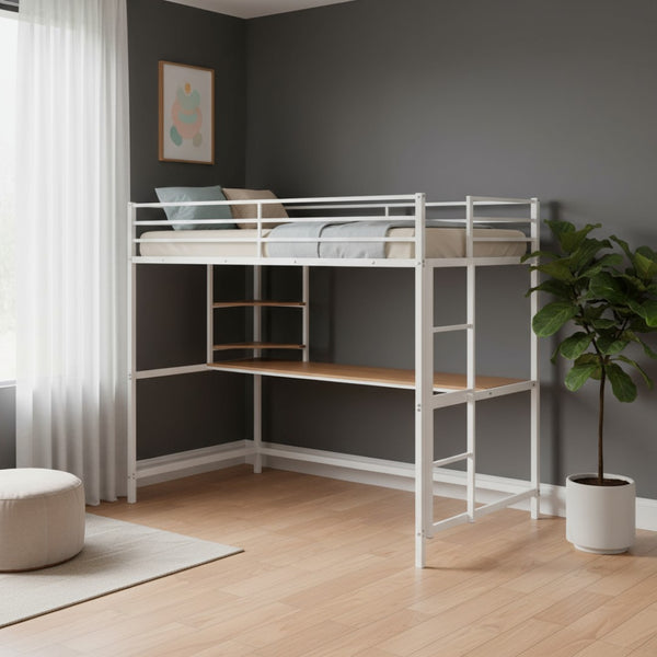 HomeRoots White Slat Metal Twin Loft Bed with Space-Saving Desk, Shelves, and LED Lighting - Modern Design 606556