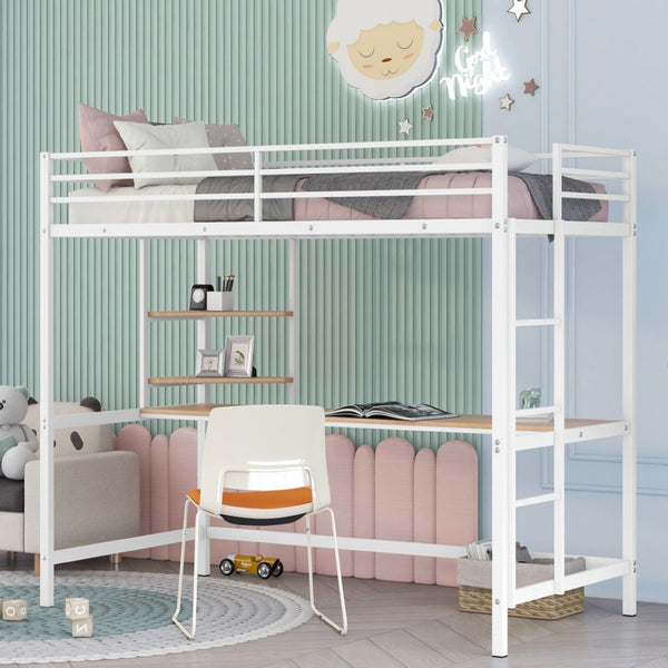 HomeRoots White Slat Metal Twin Loft Bed with Space-Saving Desk, Shelves, and LED Lighting - Modern Design 606556