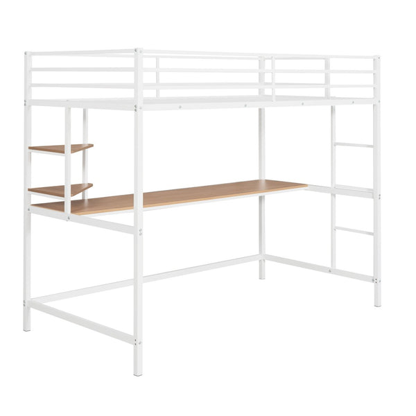 HomeRoots White Slat Metal Twin Loft Bed with Space-Saving Desk, Shelves, and LED Lighting - Modern Design 606556