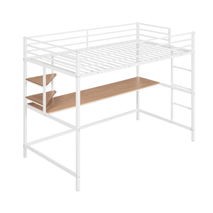HomeRoots White Slat Metal Twin Loft Bed with Space-Saving Desk, Shelves, and LED Lighting - Modern Design 606556