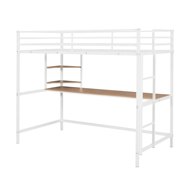 HomeRoots White Slat Metal Twin Loft Bed with Space-Saving Desk, Shelves, and LED Lighting - Modern Design 606556