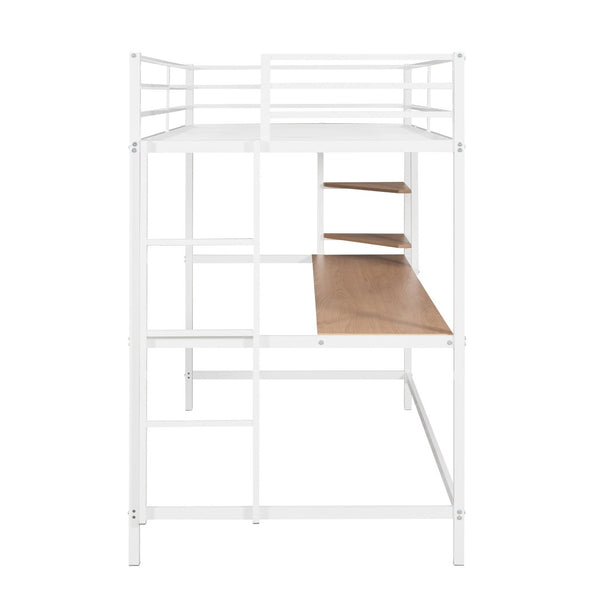 HomeRoots White Slat Metal Twin Loft Bed with Space-Saving Desk, Shelves, and LED Lighting - Modern Design 606556