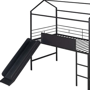 HomeRoots Black Metal Twin Loft Bed with Slide, Canopy & Under-Bed Storage - Fun, Stylish & Space-Saving Design 606557