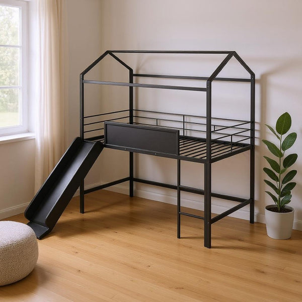 HomeRoots Black Metal Twin Loft Bed with Slide, Canopy & Under-Bed Storage - Fun, Stylish & Space-Saving Design 606557