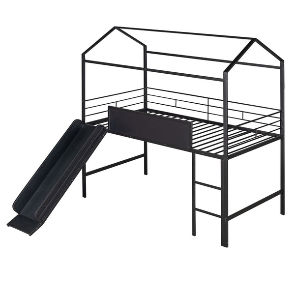 HomeRoots Black Metal Twin Loft Bed with Slide, Canopy & Under-Bed Storage - Fun, Stylish & Space-Saving Design 606557