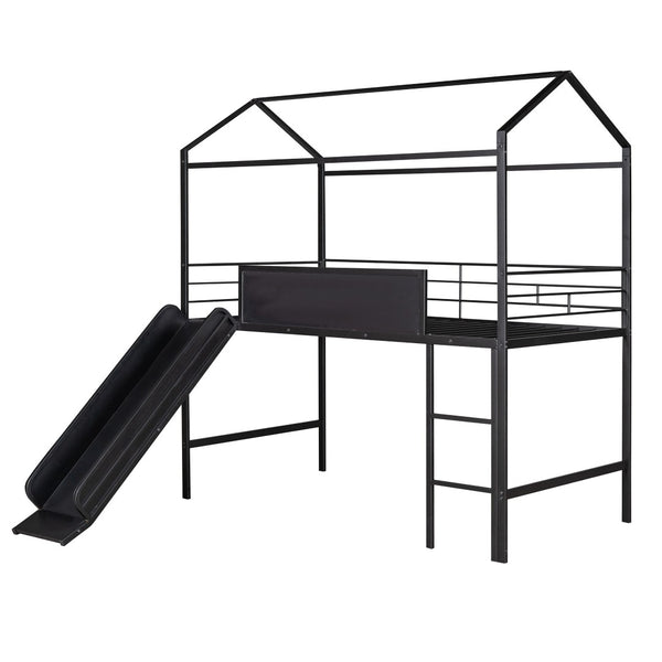 HomeRoots Black Metal Twin Loft Bed with Slide, Canopy & Under-Bed Storage - Fun, Stylish & Space-Saving Design 606557