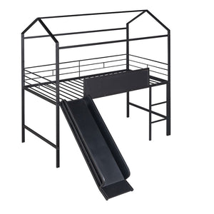 HomeRoots Black Metal Twin Loft Bed with Slide, Canopy & Under-Bed Storage - Fun, Stylish & Space-Saving Design 606557