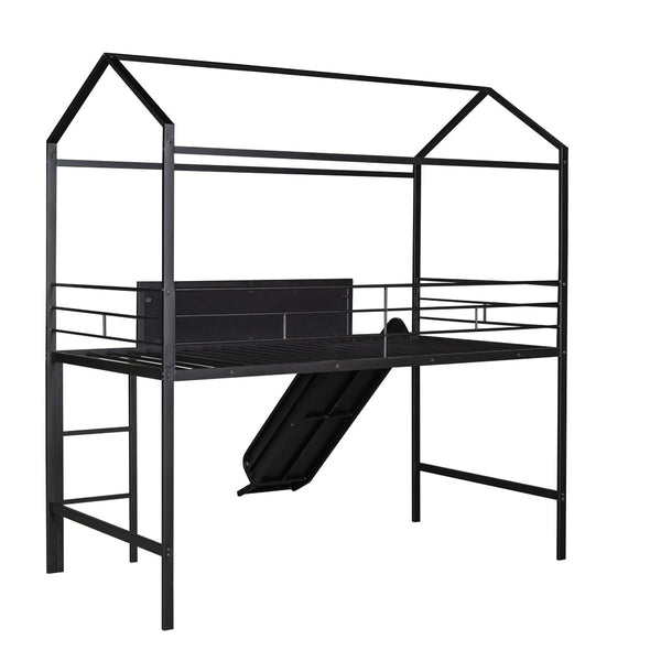 HomeRoots Black Metal Twin Loft Bed with Slide, Canopy & Under-Bed Storage - Fun, Stylish & Space-Saving Design 606557