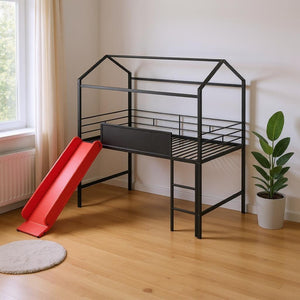 HomeRoots Black Metal Twin Loft Bed with Fun Slide, Canopy Frame, Space-Saving Design for Kids' Rooms 606558