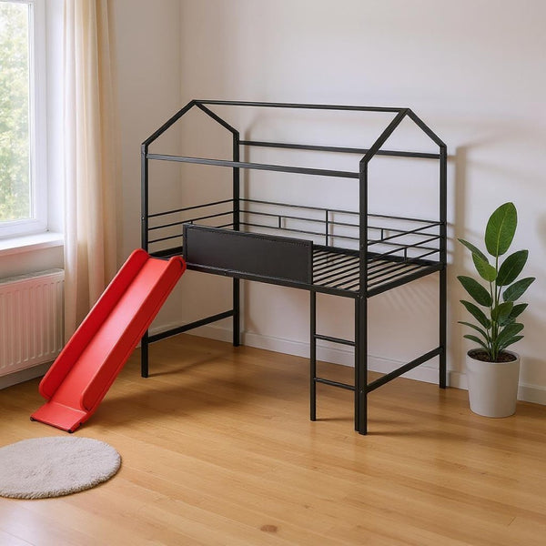 HomeRoots Black Metal Twin Loft Bed with Fun Slide, Canopy Frame, Space-Saving Design for Kids' Rooms 606558