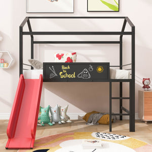 HomeRoots Black Metal Twin Loft Bed with Fun Slide, Canopy Frame, Space-Saving Design for Kids' Rooms 606558