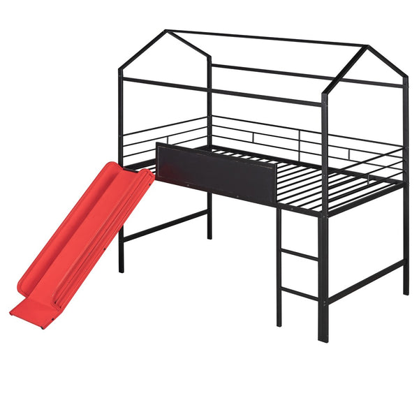 HomeRoots Black Metal Twin Loft Bed with Fun Slide, Canopy Frame, Space-Saving Design for Kids' Rooms 606558