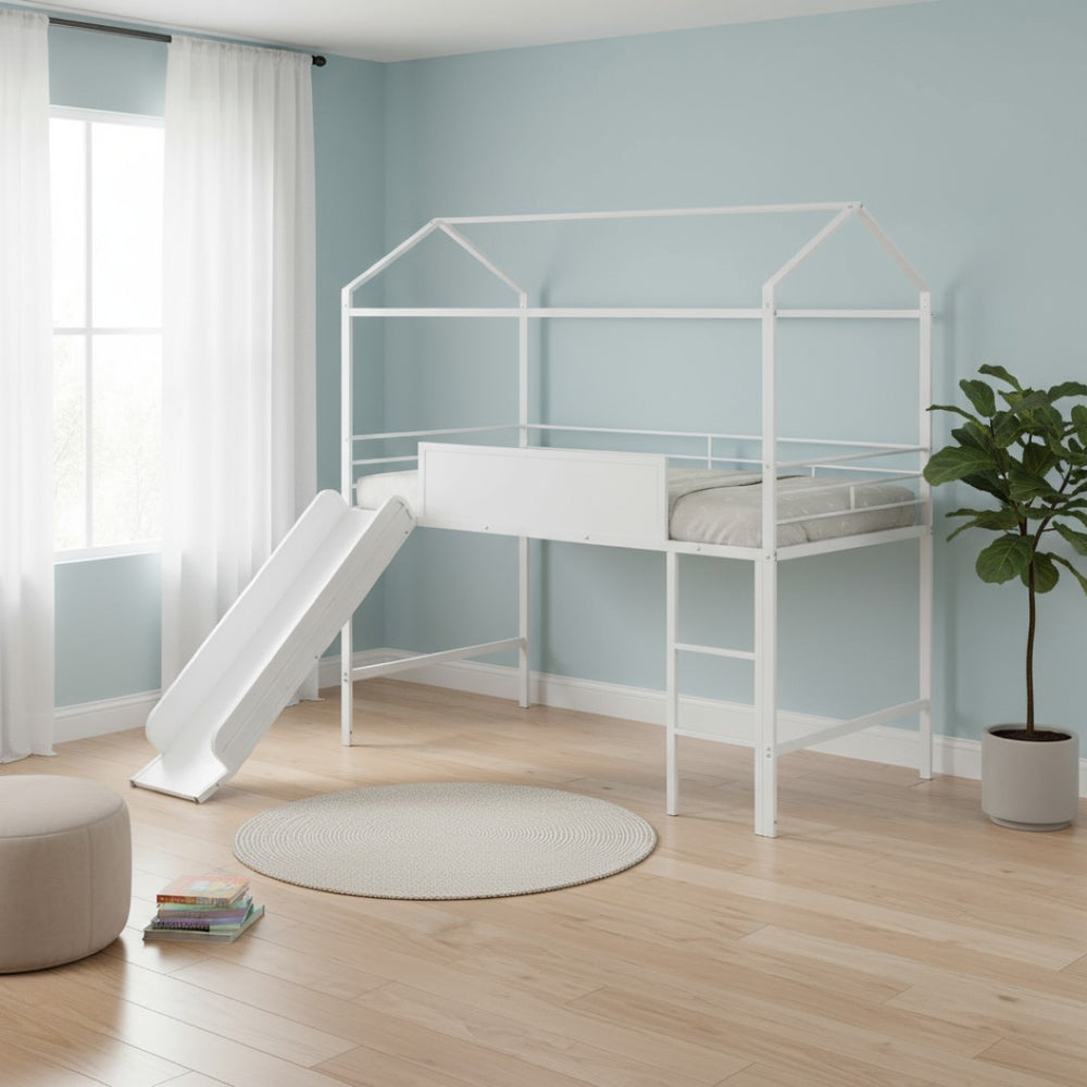 HomeRoots White Canopy Metal Twin Loft Bed with Slide - Space-Saving Design for Kids' Rooms & Play Areas 606559