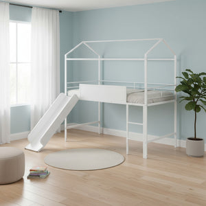 HomeRoots White Canopy Metal Twin Loft Bed with Slide - Space-Saving Design for Kids' Rooms & Play Areas 606559