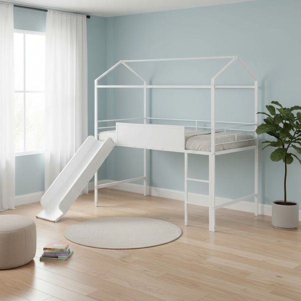 HomeRoots White Canopy Metal Twin Loft Bed with Slide - Space-Saving Design for Kids' Rooms & Play Areas 606559