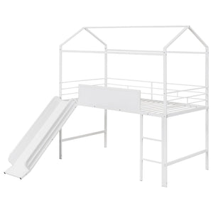 HomeRoots White Canopy Metal Twin Loft Bed with Slide - Space-Saving Design for Kids' Rooms & Play Areas 606559