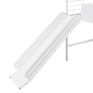 HomeRoots White Canopy Metal Twin Loft Bed with Slide - Space-Saving Design for Kids' Rooms & Play Areas 606559