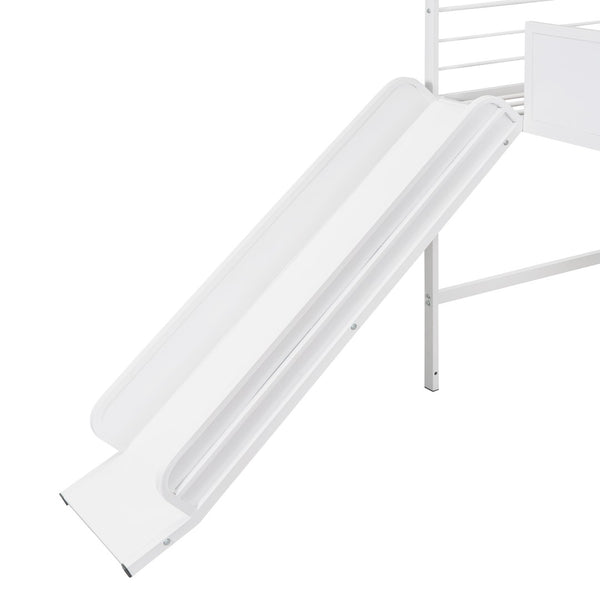 HomeRoots White Canopy Metal Twin Loft Bed with Slide - Space-Saving Design for Kids' Rooms & Play Areas 606559