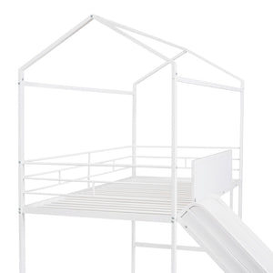 HomeRoots White Canopy Metal Twin Loft Bed with Slide - Space-Saving Design for Kids' Rooms & Play Areas 606559