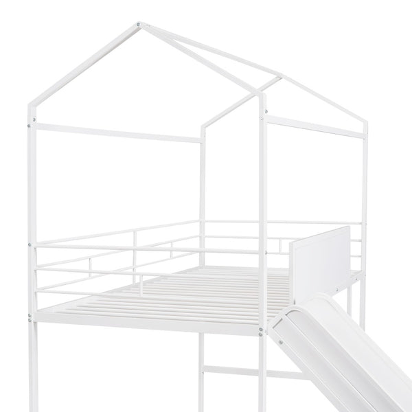 HomeRoots White Canopy Metal Twin Loft Bed with Slide - Space-Saving Design for Kids' Rooms & Play Areas 606559