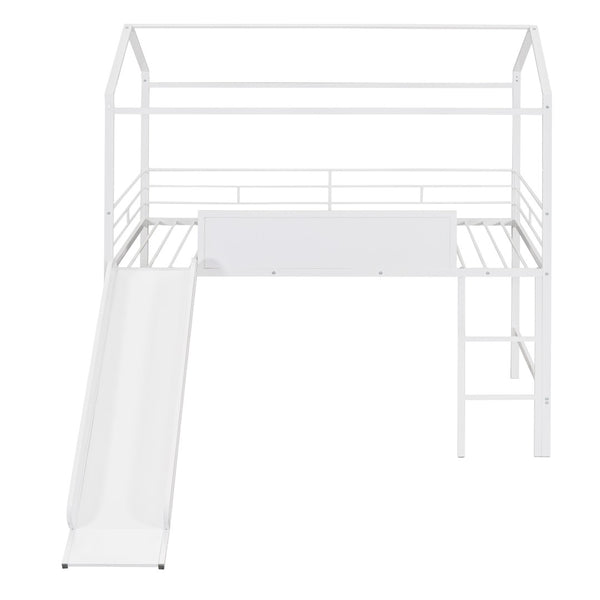HomeRoots White Canopy Metal Twin Loft Bed with Slide - Space-Saving Design for Kids' Rooms & Play Areas 606559