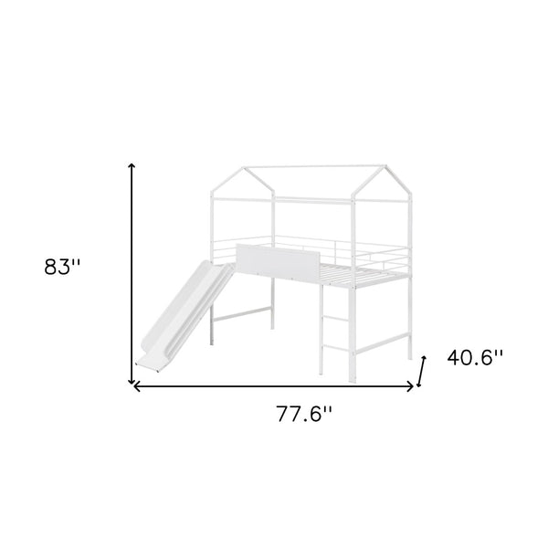 HomeRoots White Canopy Metal Twin Loft Bed with Slide - Space-Saving Design for Kids' Rooms & Play Areas 606559