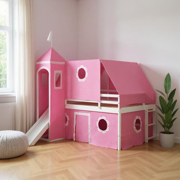 HomeRoots Pink Canopy Loft Bed with Slide - Charming Full Double Design for Kids' Playful Bedrooms & Space-Saving 606560