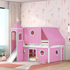 HomeRoots Pink Canopy Loft Bed with Slide - Charming Full Double Design for Kids' Playful Bedrooms & Space-Saving 606560