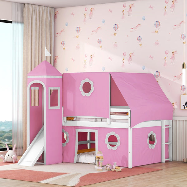 HomeRoots Pink Canopy Loft Bed with Slide - Charming Full Double Design for Kids' Playful Bedrooms & Space-Saving 606560