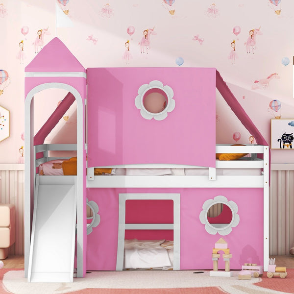HomeRoots Pink Canopy Loft Bed with Slide - Charming Full Double Design for Kids' Playful Bedrooms & Space-Saving 606560