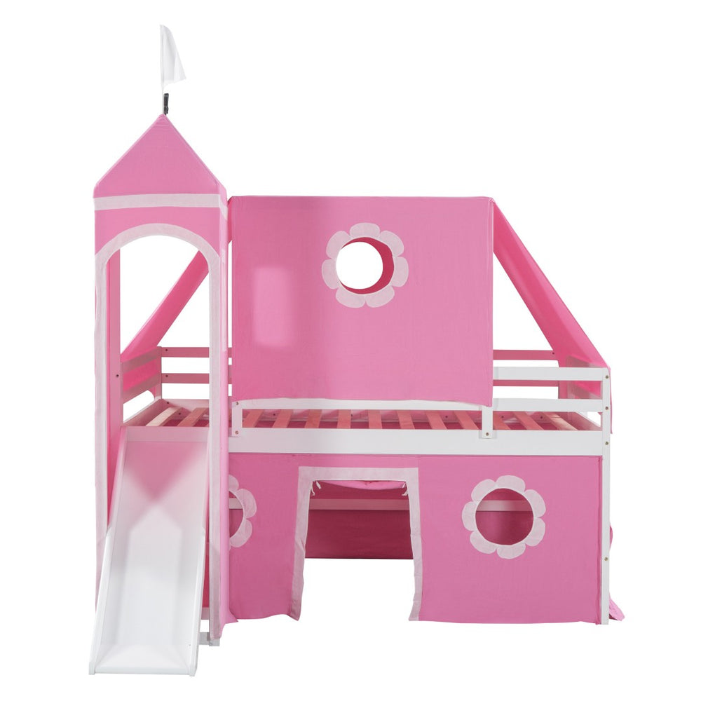 HomeRoots Pink Canopy Loft Bed with Slide - Charming Full Double Design for Kids' Playful Bedrooms & Space-Saving 606560